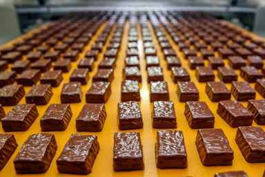 Choc squares being manufactured on a conveyor_web