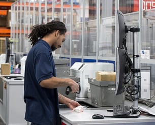 Employee Scanning Inventory into Swisslog Autostore at Radwell